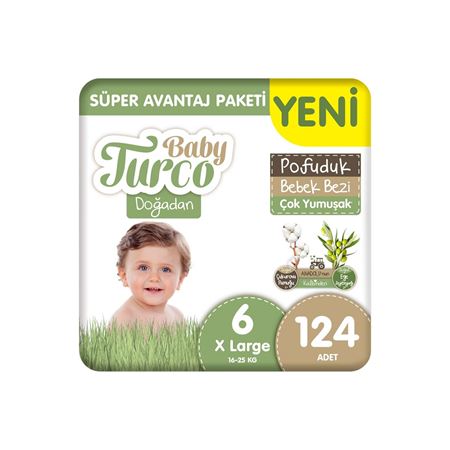 Baby Turco Doğadan Süper Avantaj Paketi Pofuduk Bebek Bezi 6 Numara Xlarge 124 Adet