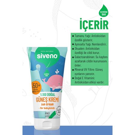 Siveno %100 Doğal Bebek Güneş Kremi Leke Karşıtı Nemlendirici Bitkisel Vegan SPF 50+ UVA UVB 50 ml
