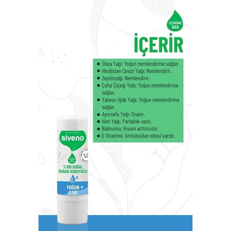 Siveno %100 Doğal Dudak Koruyucu Yoğun Etki Bitkisel Lip Balm Krem Nemlendirici Parlatıcı Onarıcı 6 gr