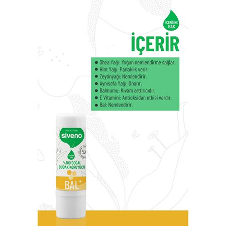 Siveno %100 Doğal Dudak Koruyucu Bal Bitkisel Lipbalm Dudak Kremi Nemlendirici Parlatıcı Onarıcı 6 G