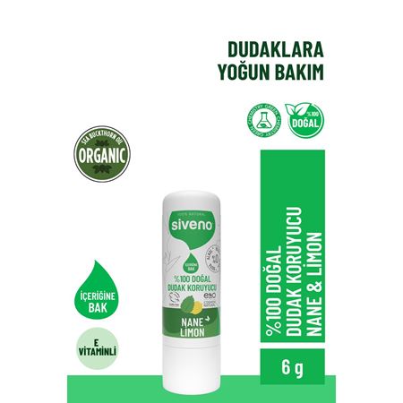 Siveno %100 Doğal Dudak Koruyucu Nane & Limon Bitkisel Lipbalm Krem Nemlendirici Parlatıcı Onarıcı 6 G