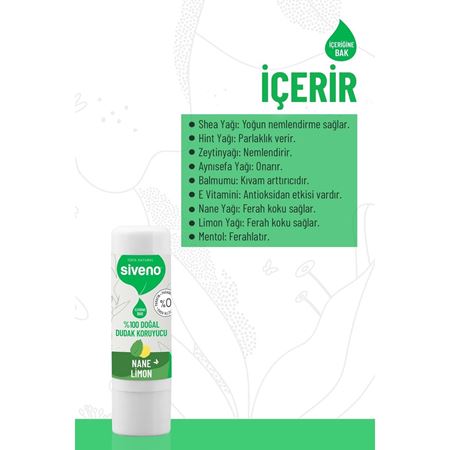 Siveno %100 Doğal Dudak Koruyucu Nane & Limon Bitkisel Lipbalm Krem Nemlendirici Parlatıcı Onarıcı 6 G