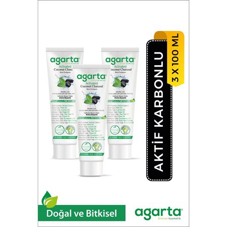 Agarta 3 Adet Doğal Florürsüz Hindistan Cevizi Özlü Aktif Karbonlu Diş Macunu 100 ml