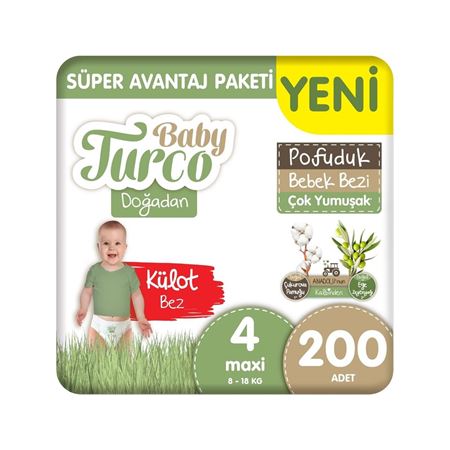Baby Turco Doğadan Süper Avantaj Paketi Pofuduk Külot Bez 4 Numara Maxi 200 Adet