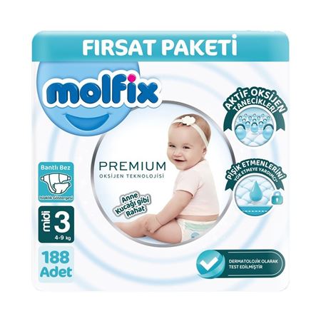 Molfix Premium 3 Beden Bebek Bezi Ultra Fırsat Paketi 94X2 188 Adet